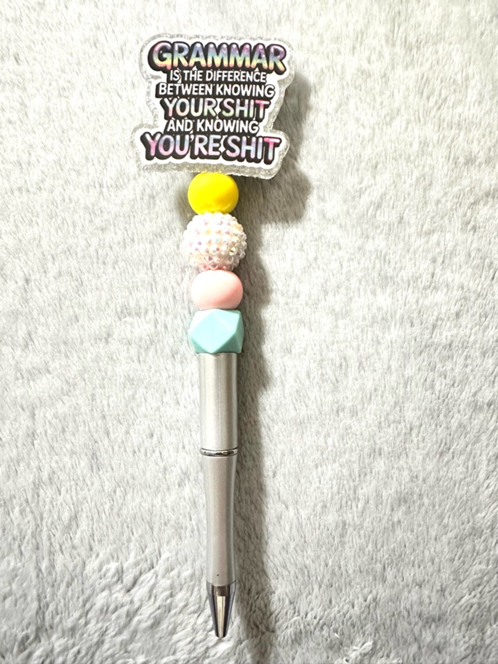Funny Grammar Beaded Silver Pen with Pastel Accents